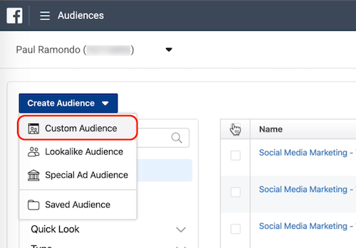 Egyéni közönség opció a Facebook közönségekben