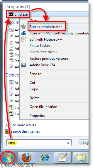 Windows 7 képernyőképe - run cmd adminisztrátorként