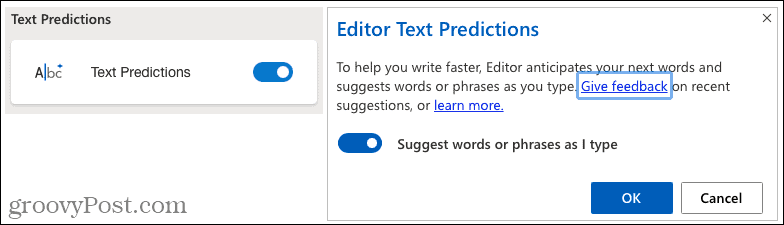 Microsoft Editor szöveges előrejelzések