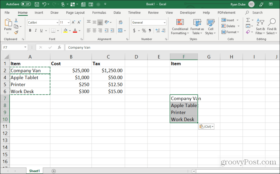 látható sejtek beillesztése az Excelbe