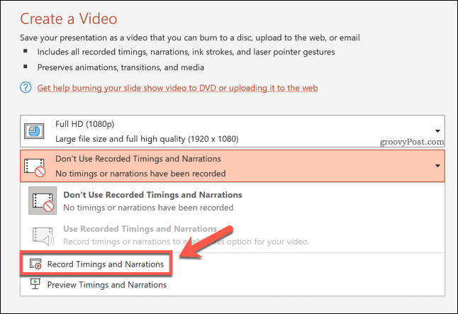 Exportált videók időzítésének rögzítése a PowerPoint alkalmazásban