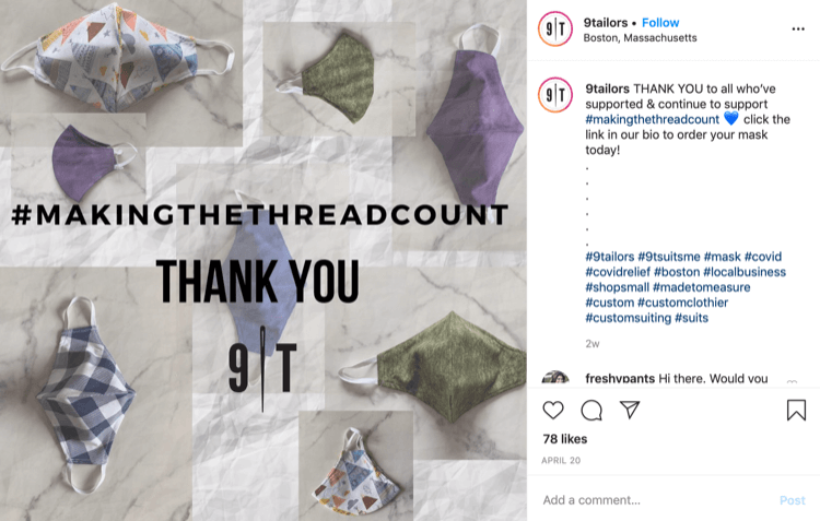 9Tailor Instagram bejegyzés a maszkok értékesítéséről