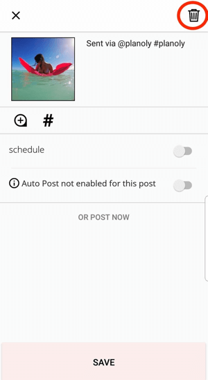 Koppintson a kuka ikonra egy bejegyzés törléséhez a Planoly-fiókjából.