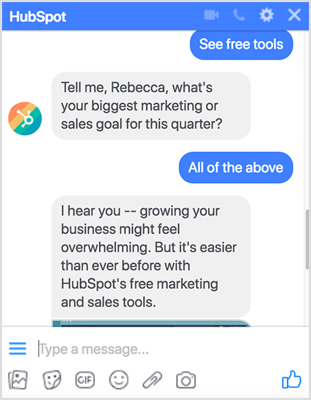 Molly Pitmann szerint a kérdések feltevése jól működik egy chatbogban. A HubSpot chatbot olyan kérdéseket tesz fel, mint Mi a legnagyobb marketing- vagy értékesítési célja ennek a negyedévnek?