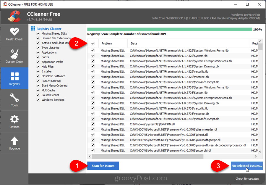 Registry Cleaner a CCleaner alkalmazásban