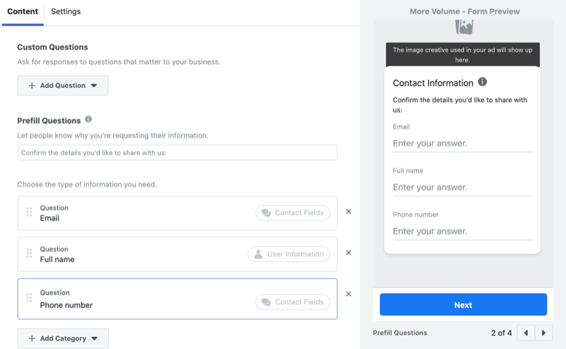 adjon egyedi kérdéseket a Facebook vezető generációs űrlapjához