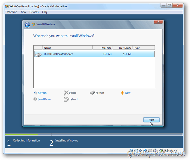 A VirtualBox Windows 8 válasszon lemezt a telepítéshez