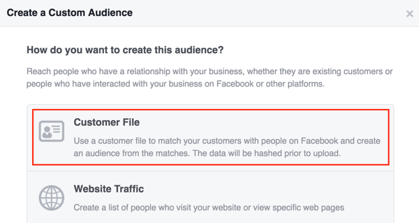 Hozzon létre egy egyéni Facebook közönséget egy ügyféllista segítségével.