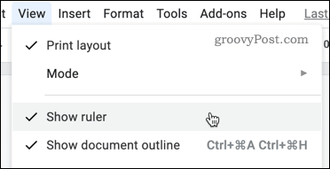 Az vonalzó megjelenítése a Google Dokumentumokban