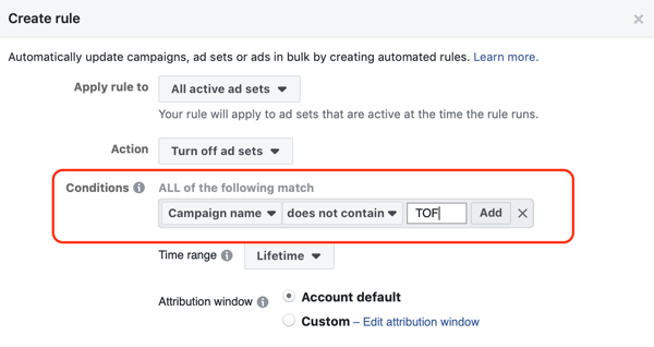 Használja a Facebook automatizált szabályait, és állítsa le a hirdetéskészletet, amikor a ROAS a minimum alá csökken, a 2. lépésben állítsa be a feltételeket