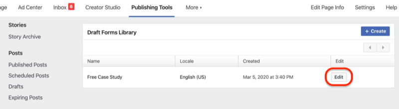 Facebook lead űrlap a Draft Forms könyvtárban