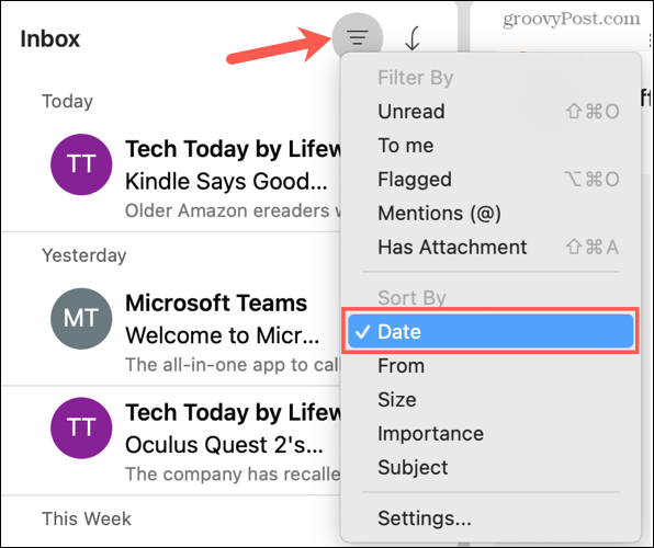 Rendezés dátum szerint a Mac Outlook programjában