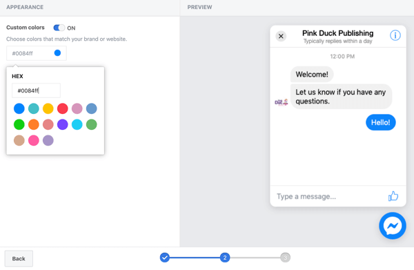 Használja a Google Címkekezelőt a Facebook-szal, 11. lépés, opciók az egyéni színek beállításához a Facebook csevegési pluginhoz