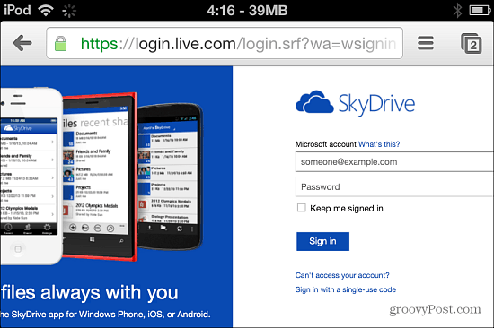 Jelentkezzen be a SkyDrive-ba