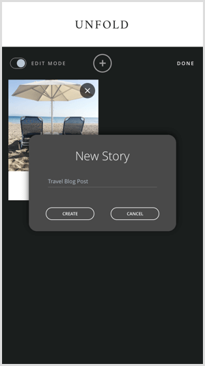Koppintson a + ikonra, hogy új sztorit hozzon létre a Kibontás funkcióval.