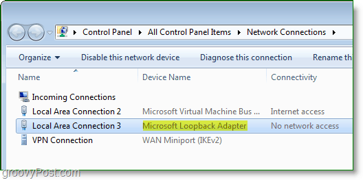 Windows 7 hálózati képernyőképe - a hálózati kapcsolatok ablakában látható Microsoft Loopback adapter