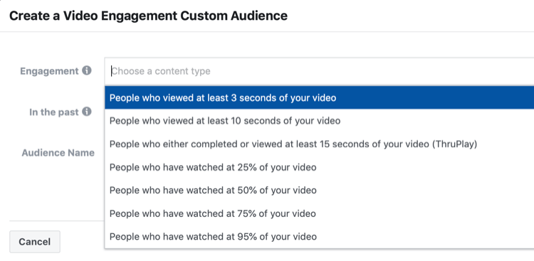 Hozzon létre egy Video Engagement egyéni közönség beállítási ablakot