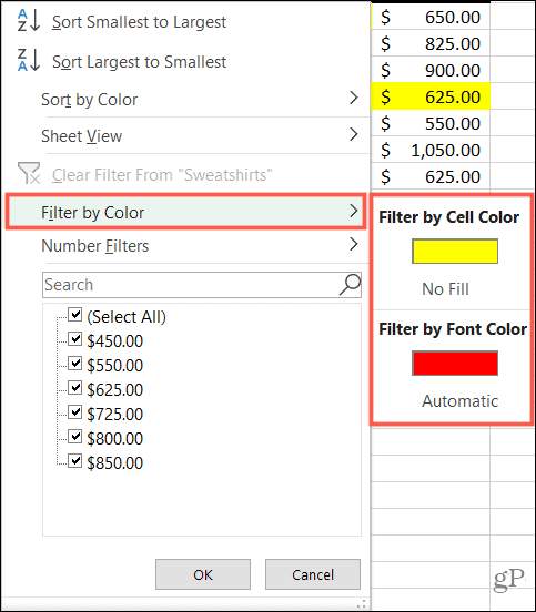 Szűrés szín szerint az Excelben