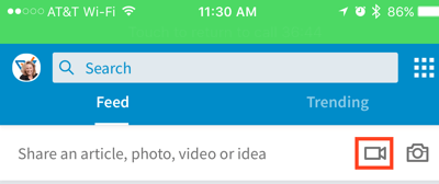 Kattintson a videokamera ikonjára a LinkedIn videófrissítés létrehozásához.