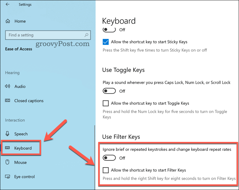 A szűrőkulcsok beállításainak konfigurálása Windows 10 rendszeren