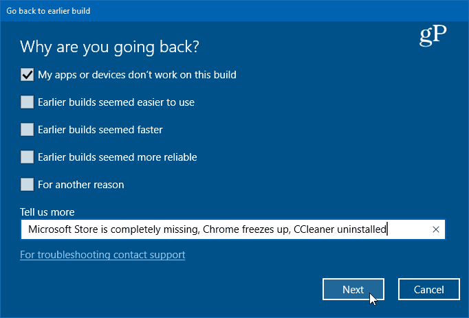 térjen vissza a Windows 10 előző verziójához