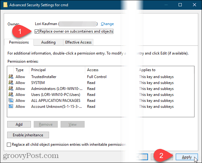 Kattintson az Alkalmaz gombra a Windows Registry Speciális biztonsági beállításai párbeszédpanelen