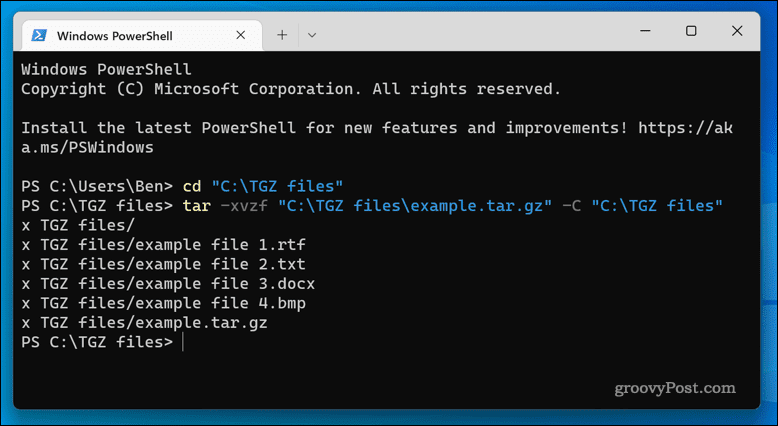 TGZ-fájlok kibontása Windows 11 rendszeren a terminálalkalmazás segítségével