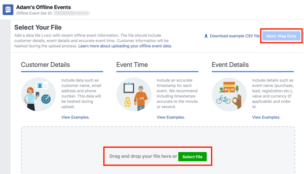 Lehetőség az adatfájl áthúzására a Facebook Ads Manager-be.