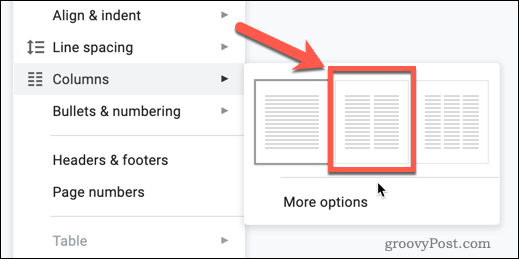 A Két oszlop opció a Google Dokumentumokban