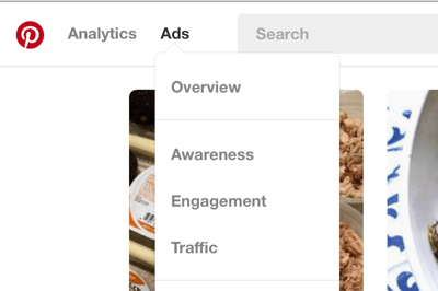 A Pinterest hirdetések részt a bal felső navigációs sávon találja.