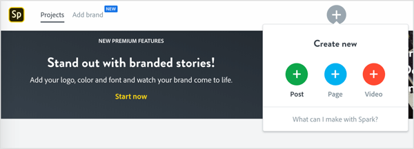 Koppintson a + ikonra egy új bejegyzés létrehozásához az Adobe Spark alkalmazásban.