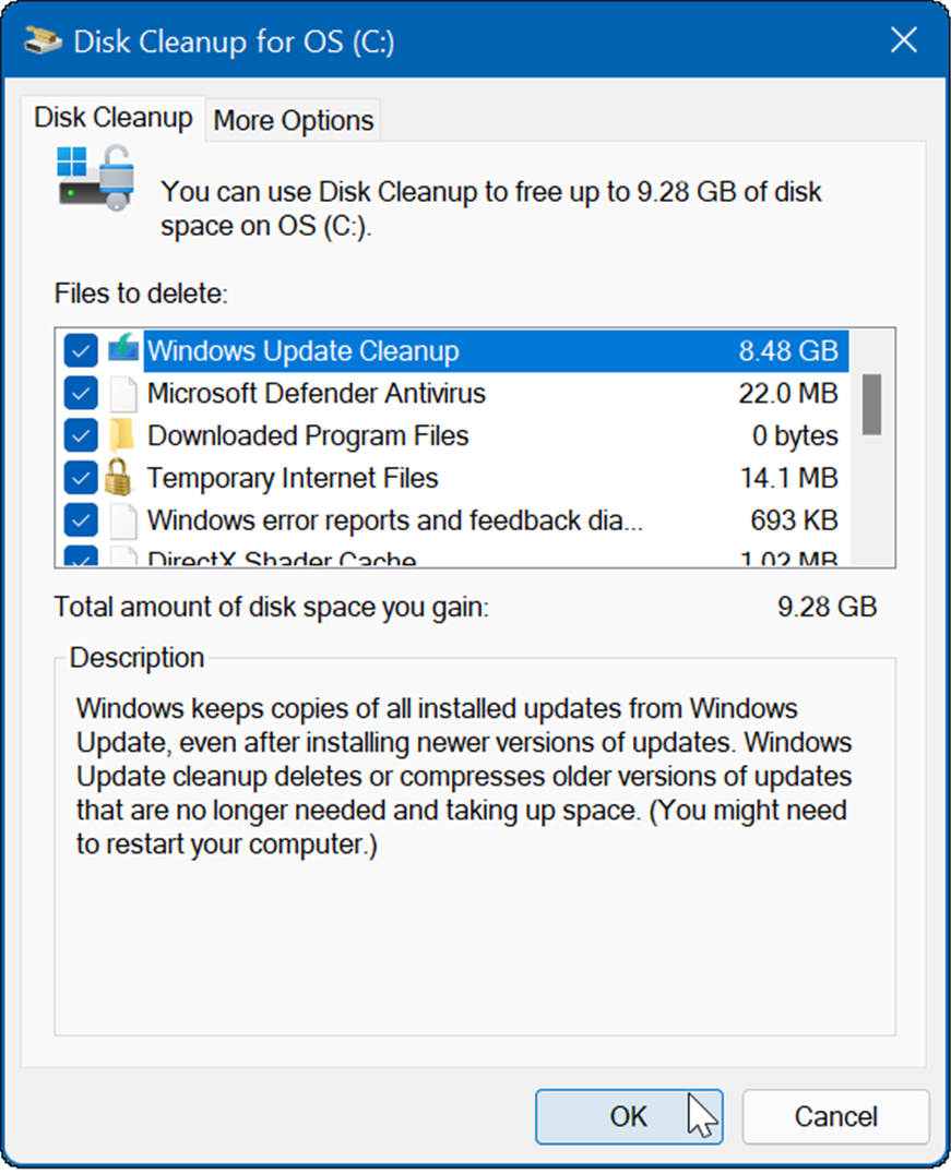 az eredmény több ideiglenes fájl lesz, beleértve a Windows Update Cleanup programot