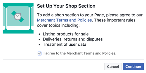 Fogadja el a kereskedői feltételeket és irányelveket a Facebook Shop szakasz beállításához.