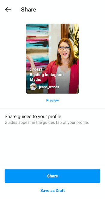 példa készítsen most egy instagram útmutató megosztási képernyőt, előnézet kék színnel a borítókép alatt, az alsó gombokkal a megosztás és mentés piszkozatként lehetőségekkel együtt
