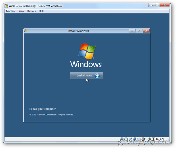 A VirtualBox Windows 8 telepítése most mezőbe
