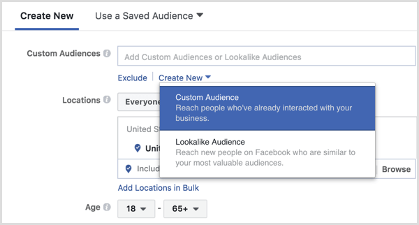 A Facebook Ads Manager egyéni közönséget hoz létre a hirdetés beállítása során