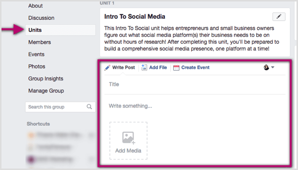 Kattintson a Facebook csoport egységére, és írjon bejegyzést, adjon hozzá egy fájlt vagy hozzon létre egy eseményt.