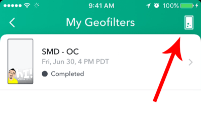 Ha korábban létrehozott egy Snapchat geofiltert, koppintson a képernyő tetején található létrehozás ikonra.