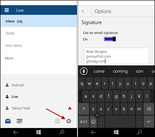 Windows 10 Mobile: Az Outlook Mail Signature módosítása