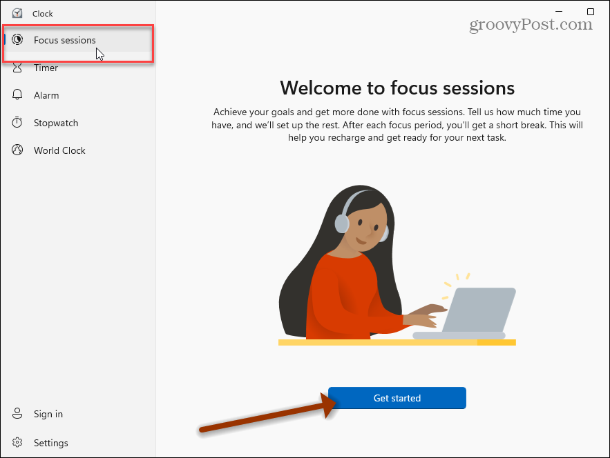 Óraalkalmazás Focus Sessions Windows 11