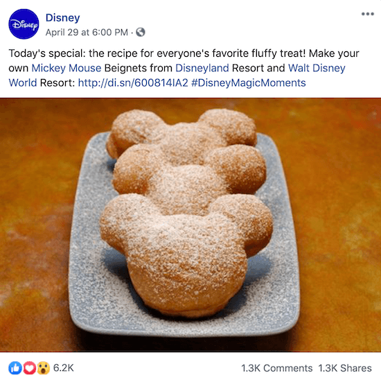Disney Facebook-bejegyzés a Mickey Mouse beignets receptjének linkjével