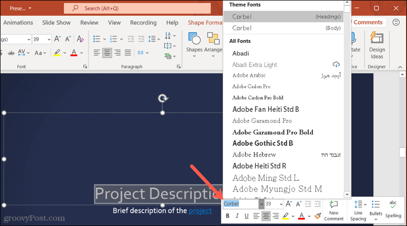 Betűtípusok a Windows PowerPoint eszköztárában