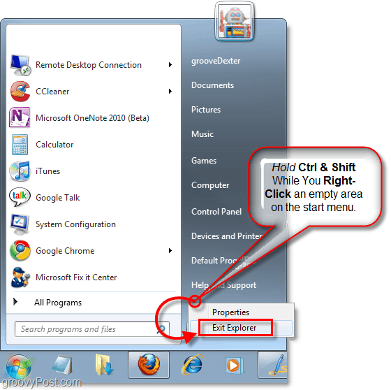 tartsa lenyomva a billentyűket, és kattintson a jobb gombbal a Start menüre az Explorerből való kilépéshez a Windows 7 rendszerben