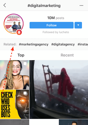 az Instagram hashtag keresési eredményei