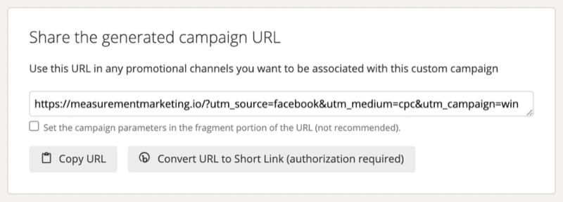 a Google kampány URL-készítőjének részleges képernyőképe, amely megmutatja, hogy nézhet ki egy kész URL
