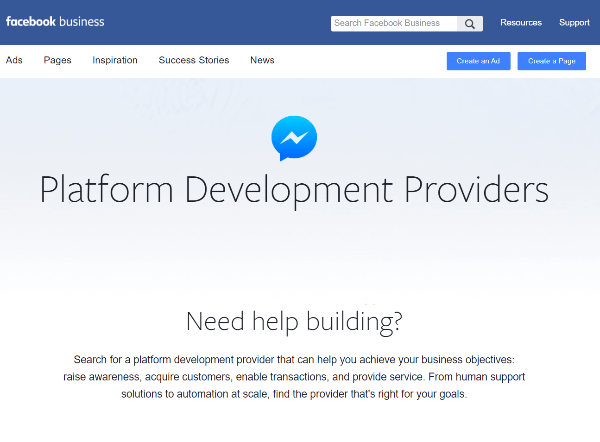 A Facebook új platformfejlesztő szolgáltatói címjegyzéke a vállalkozások számára forrást talál arra, hogy olyan szolgáltatókat találjon, akik a Messengeren szerzett tapasztalatok építésére szakosodtak.