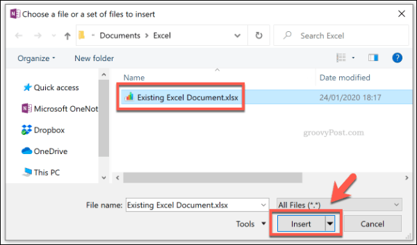Excel fájl hozzáadása mellékletként a OneNote-ban