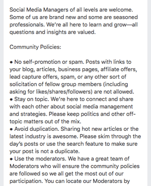 Itt van egy példa a Facebook csoport szabályaira.