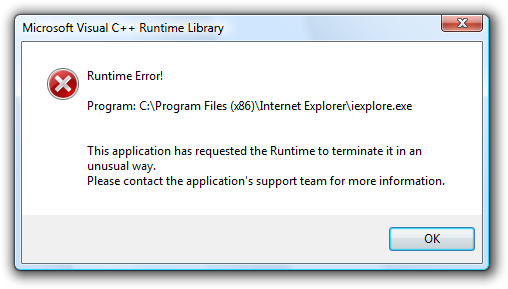 Internet Explorer 8 (IE8) Microsoft Visual C ++ futásidejű könyvtár: futási hiba!