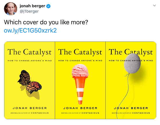 Jonah Berger tweet három lehetséges könyvborító képével